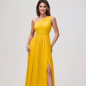One Shoulder Sleeveless Ruched Chiffon A-line Dress Marigold